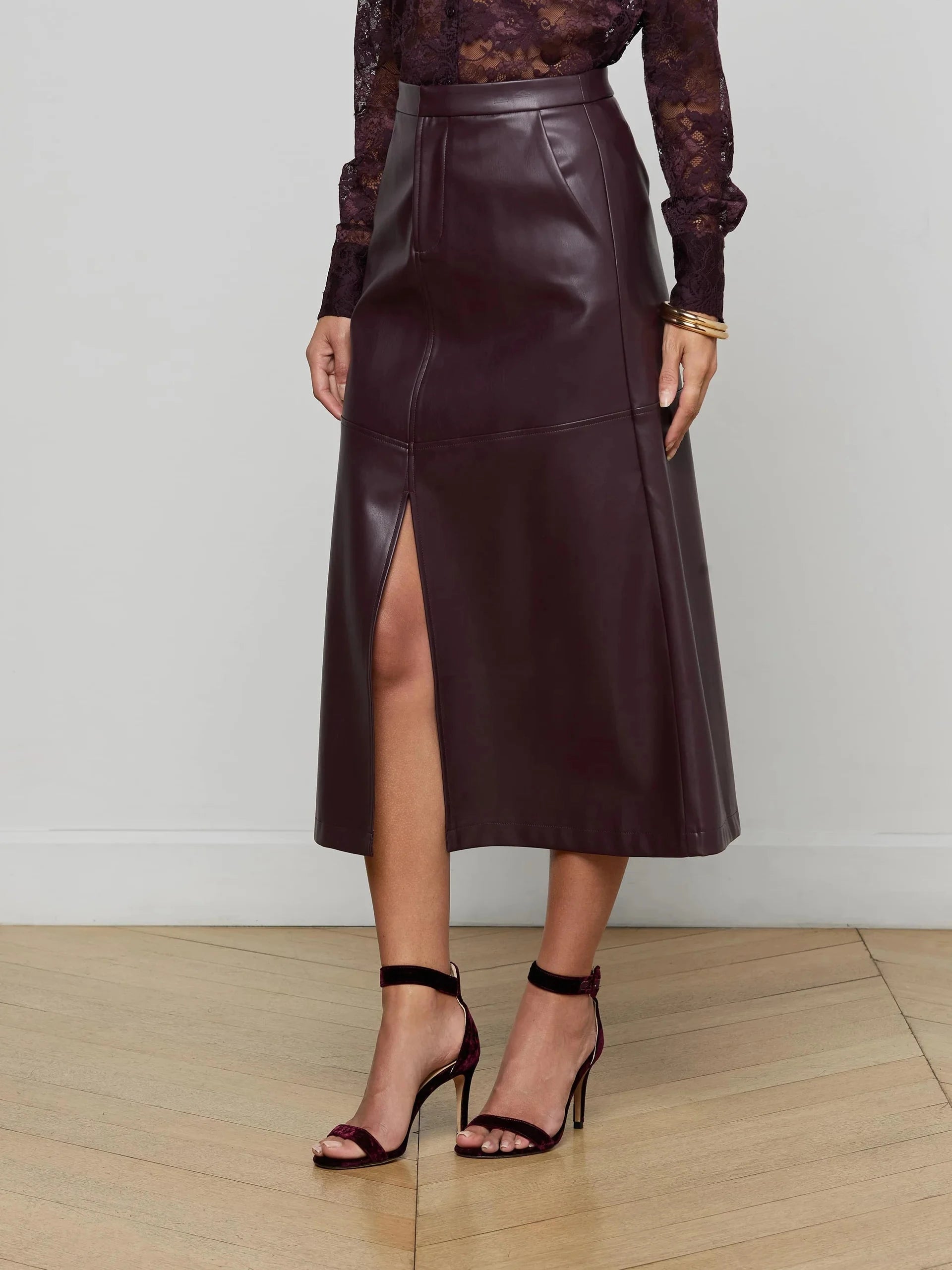 Robin Vegan Leather Midi Skirt Dark Malbec Skirts - Midi L'Agence 