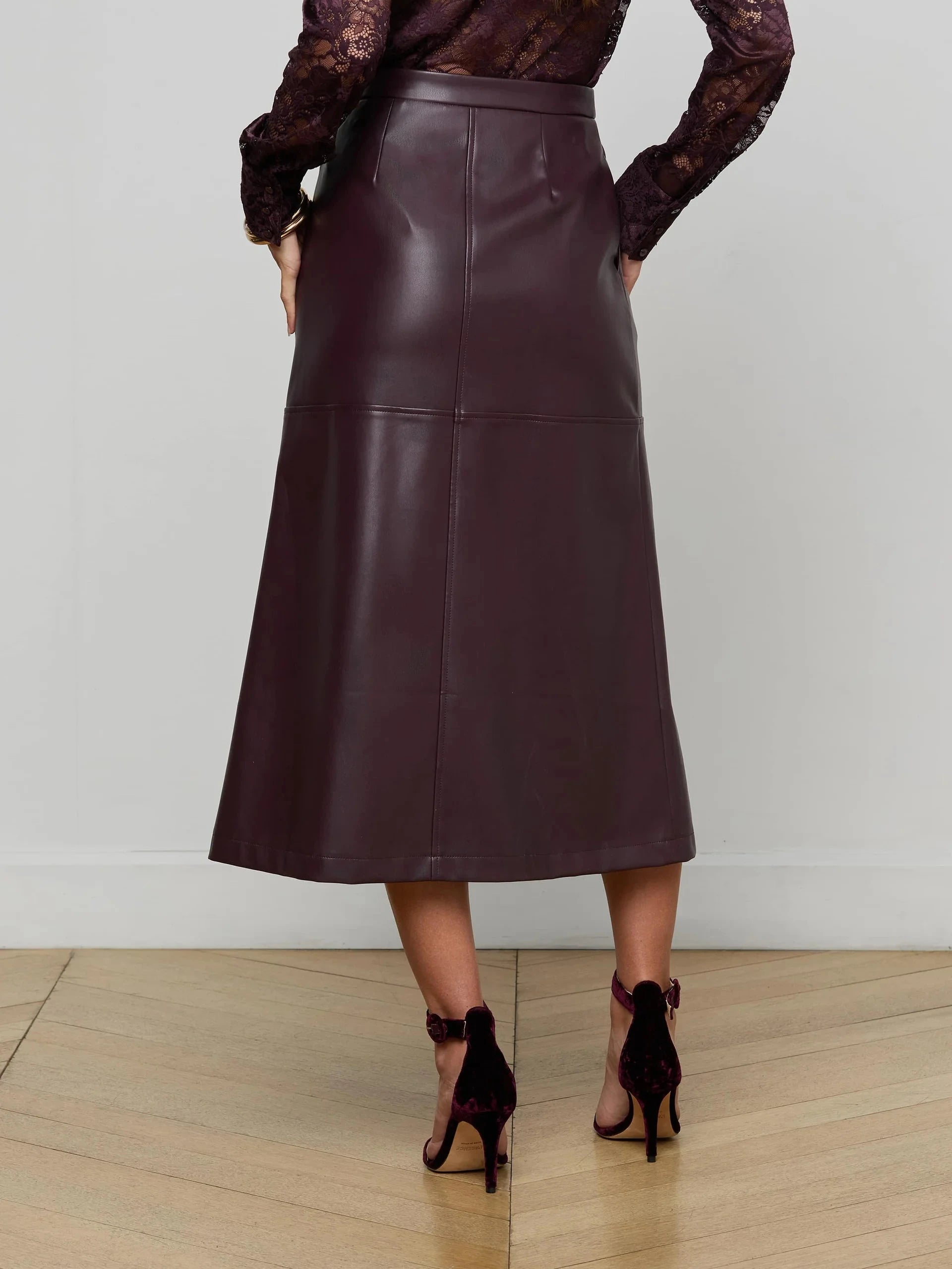 Robin Vegan Leather Midi Skirt Dark Malbec Skirts - Midi L'Agence 