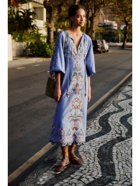 Garden Tapestry Long Sleeve Midi Dress Blue Embroidery Dresses - Midi Farm Rio 