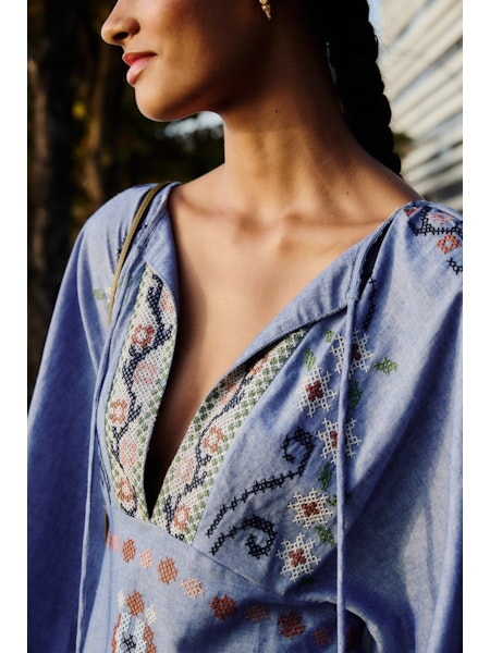 Garden Tapestry Long Sleeve Midi Dress Blue Embroidery Dresses - Midi Farm Rio 