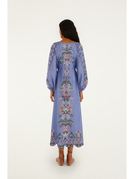Garden Tapestry Long Sleeve Midi Dress Blue Embroidery Dresses - Midi Farm Rio 