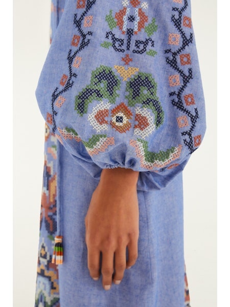 Garden Tapestry Long Sleeve Midi Dress Blue Embroidery Dresses - Midi Farm Rio 