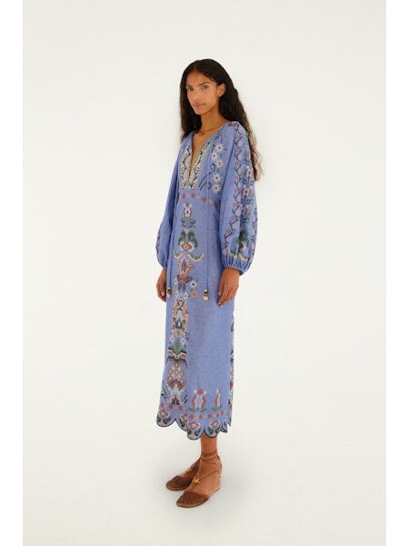 Garden Tapestry Long Sleeve Midi Dress Blue Embroidery Dresses - Midi Farm Rio 