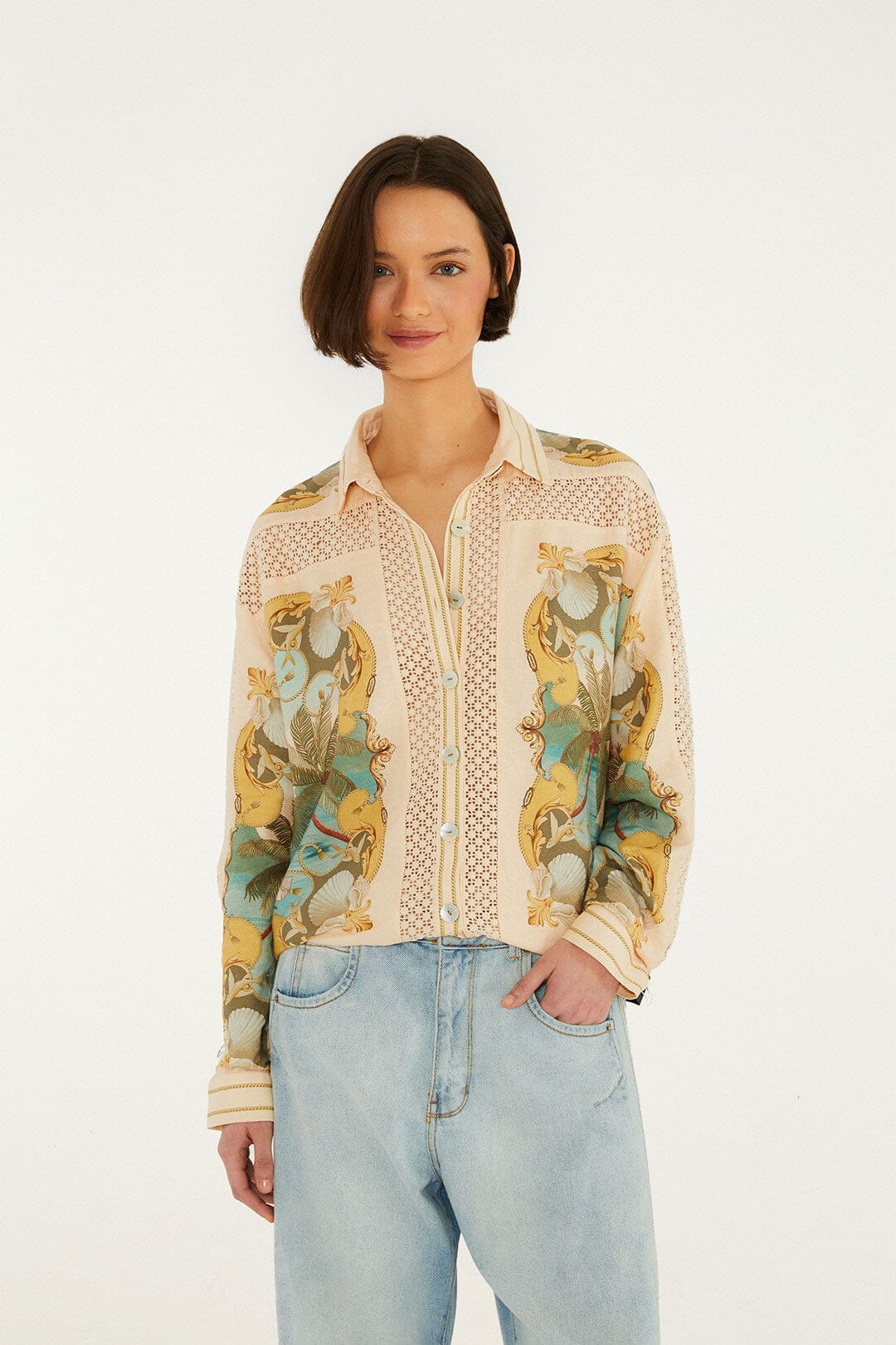 Royal Sea Crochet Detail Shirt Tops - Button Down Farm Rio 