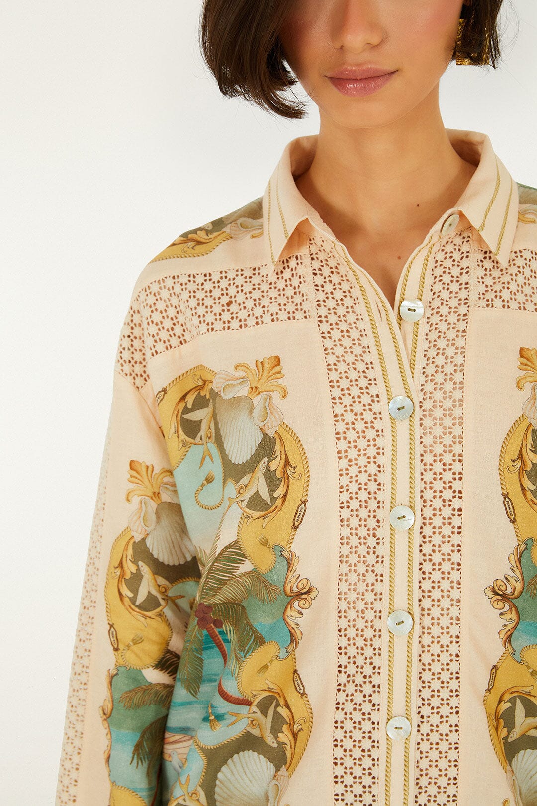 Royal Sea Crochet Detail Shirt Tops - Button Down Farm Rio 