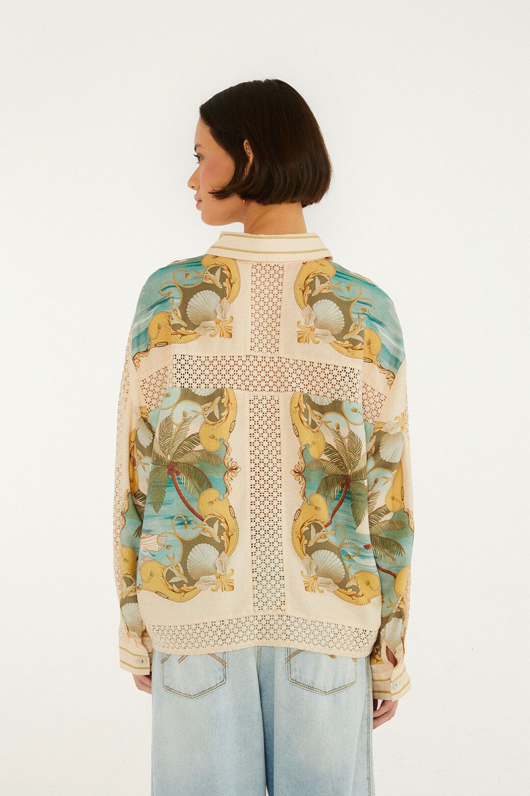 Royal Sea Crochet Detail Shirt Tops - Button Down Farm Rio 