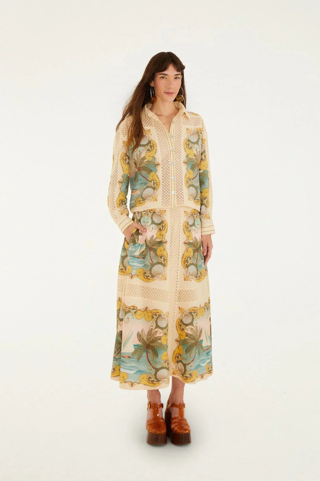 Royal Sea Crochet Detail Shirt Tops - Button Down Farm Rio 