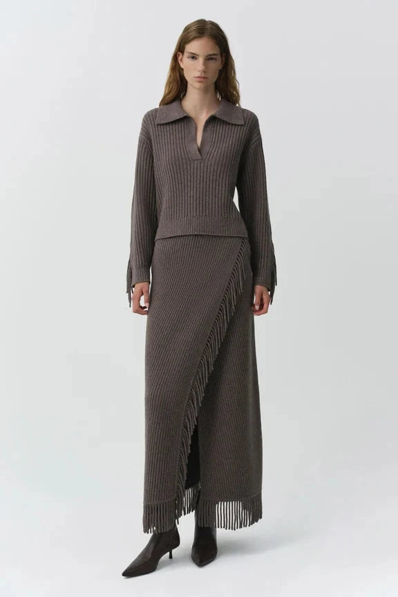 Natalia Collared Fringe Sweater Mushroom Melange Sweater - Polo Simkhai 