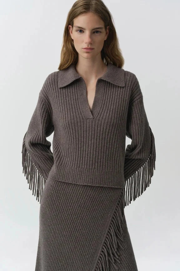 Natalia Collared Fringe Sweater Mushroom Melange Sweater - Polo Simkhai 