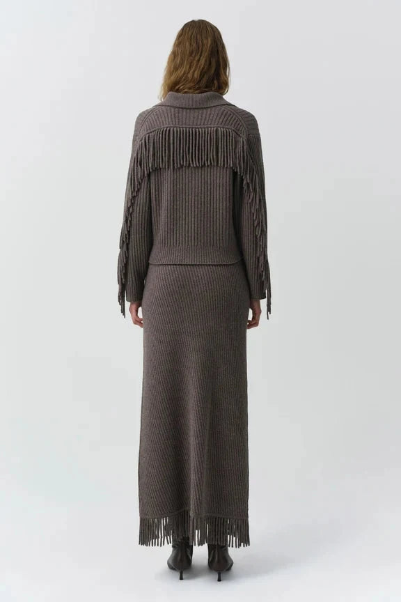 Natalia Collared Fringe Sweater Mushroom Melange Sweater - Polo Simkhai 