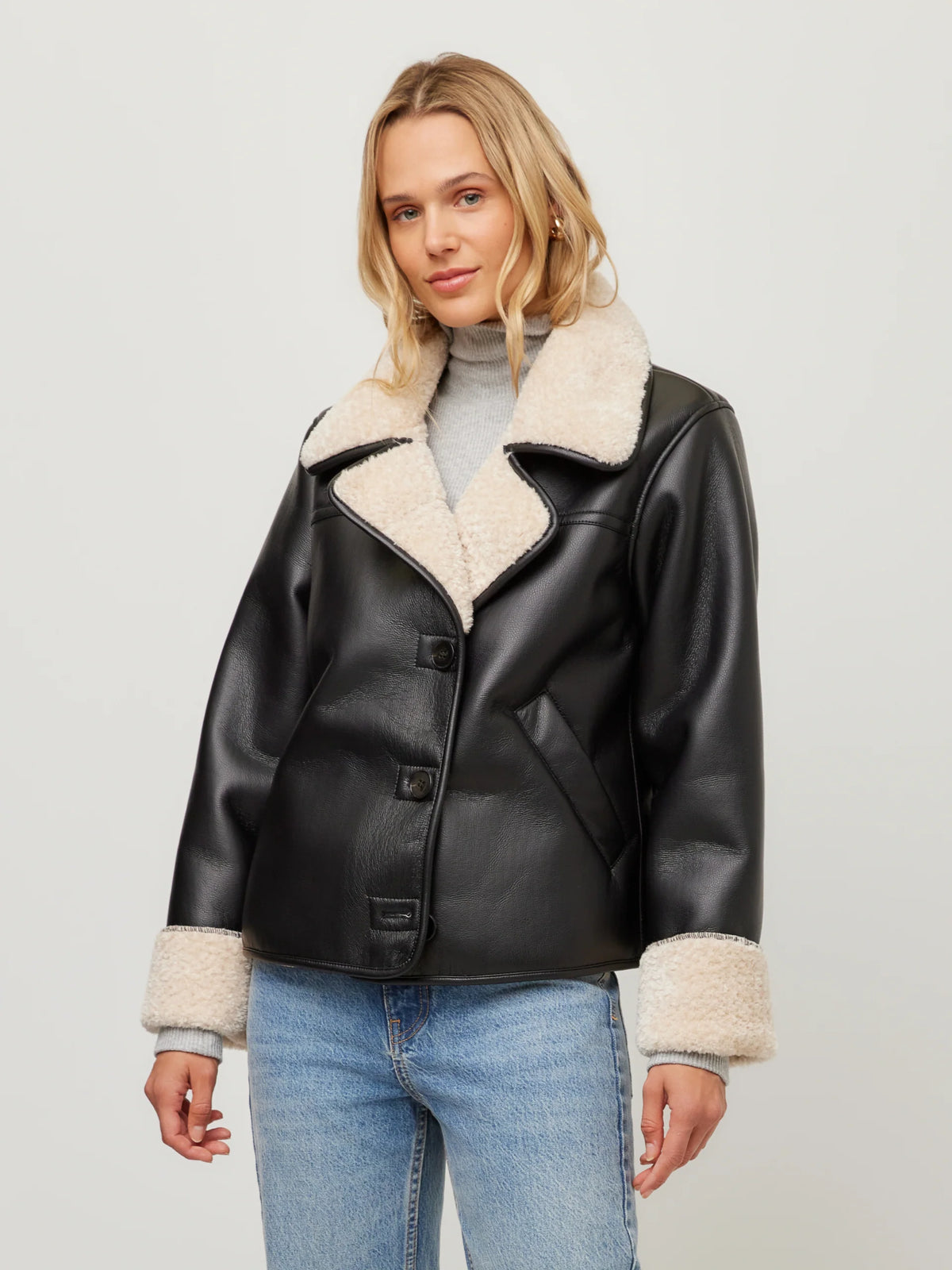 Tara Faux Shearling Jacket Black/ Cream