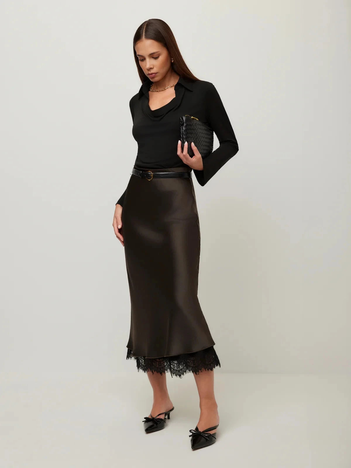 Mia Lace Trim Bias Midi Skirt Espresso Skirts - Midi Fifteen Twenty 