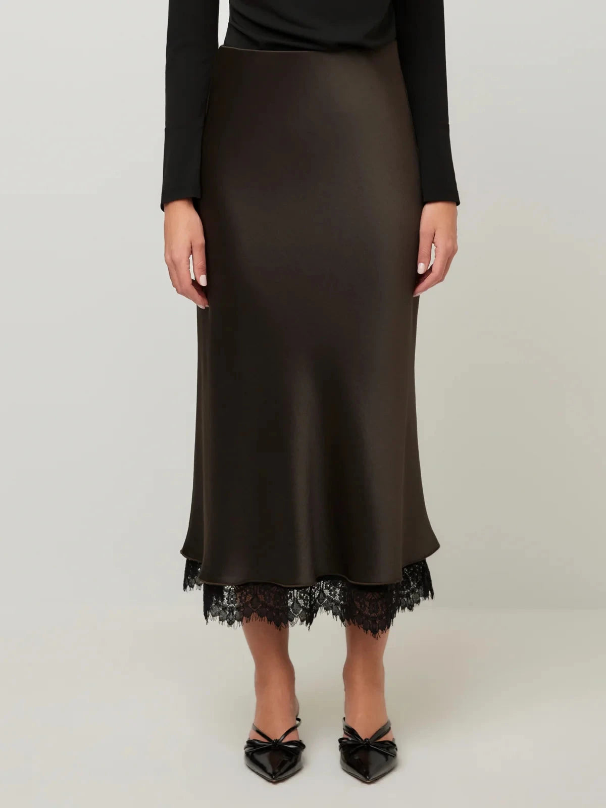 Mia Lace Trim Bias Midi Skirt Espresso Skirts - Midi Fifteen Twenty 