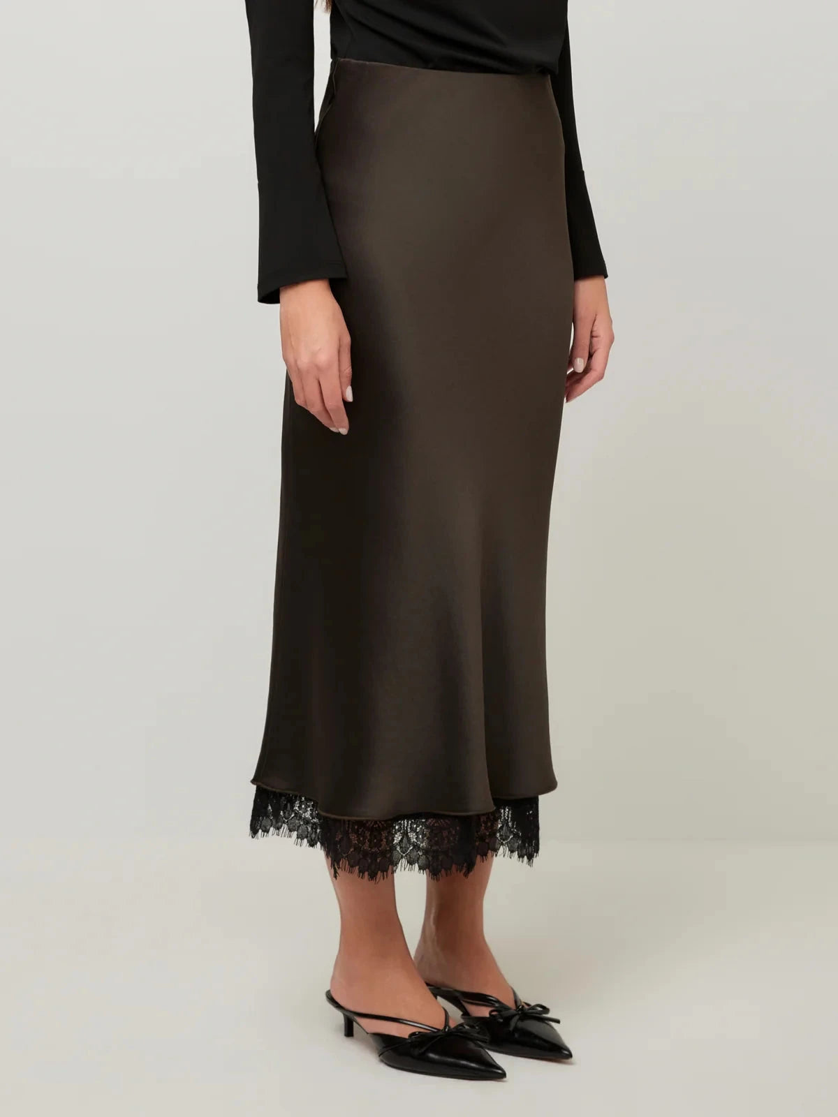 Mia Lace Trim Bias Midi Skirt Espresso Skirts - Midi Fifteen Twenty 