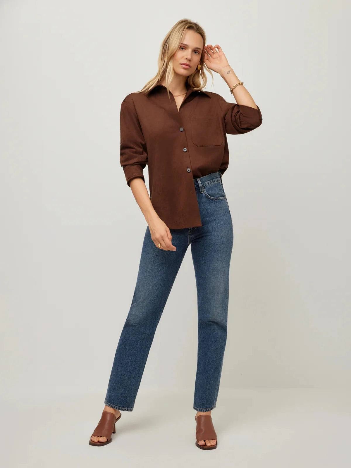 Leighton Faux Suede Ruched Sleeve Shirt Wood Tops - Button Down Fifteen Twenty 