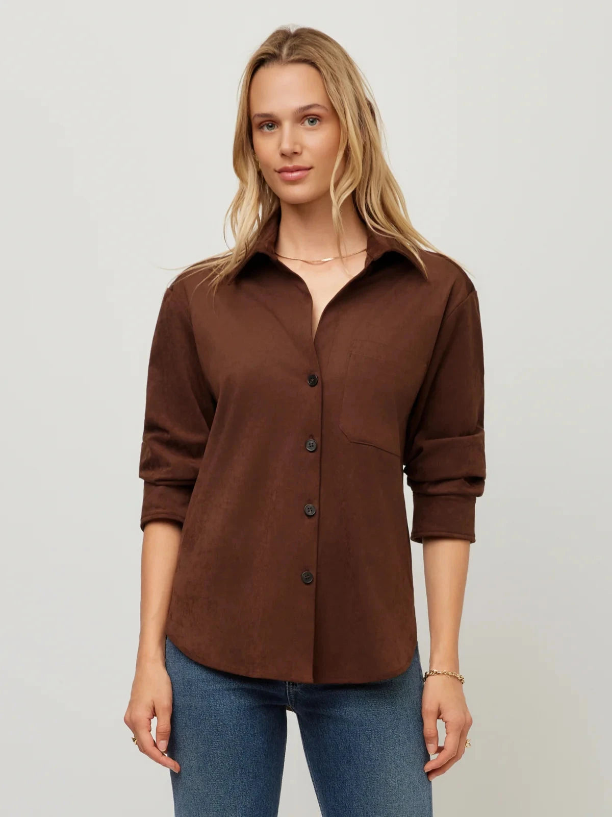 Leighton Faux Suede Ruched Sleeve Shirt Wood Tops - Button Down Fifteen Twenty 