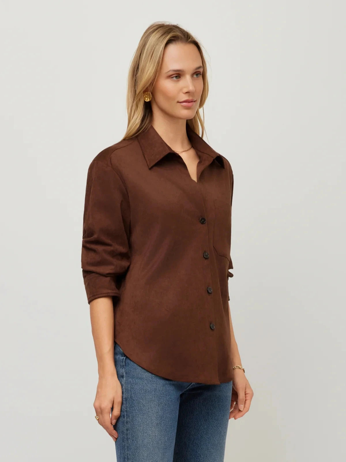 Leighton Faux Suede Ruched Sleeve Shirt Wood Tops - Button Down Fifteen Twenty 