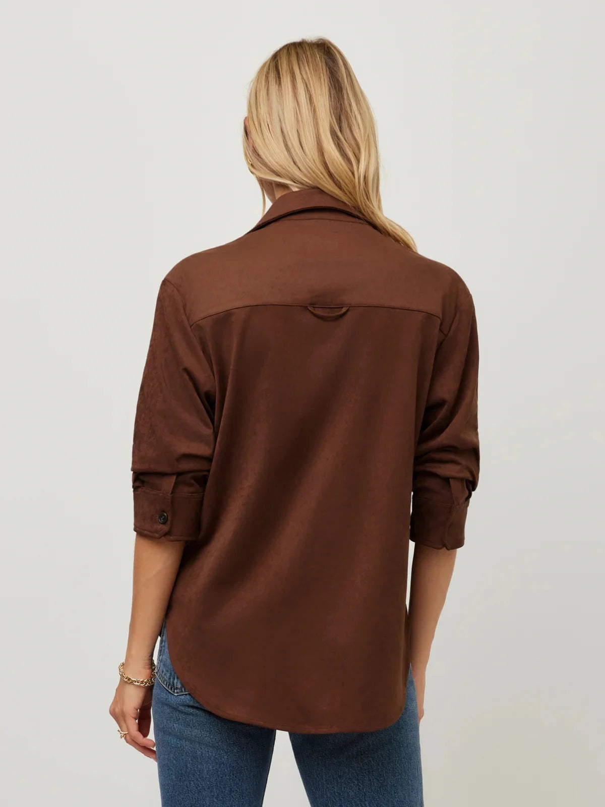 Leighton Faux Suede Ruched Sleeve Shirt Wood Tops - Button Down Fifteen Twenty 