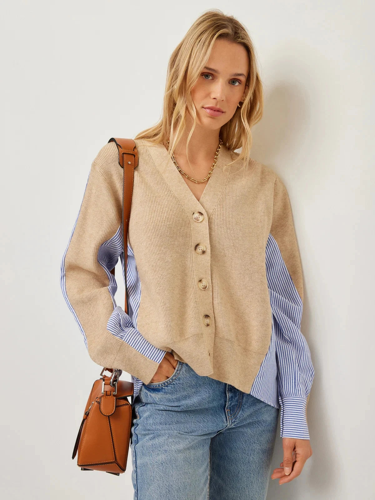 Celine Mixed Media Cardigan Oatmeal Sweater - Cardigans Fifteen Twenty 