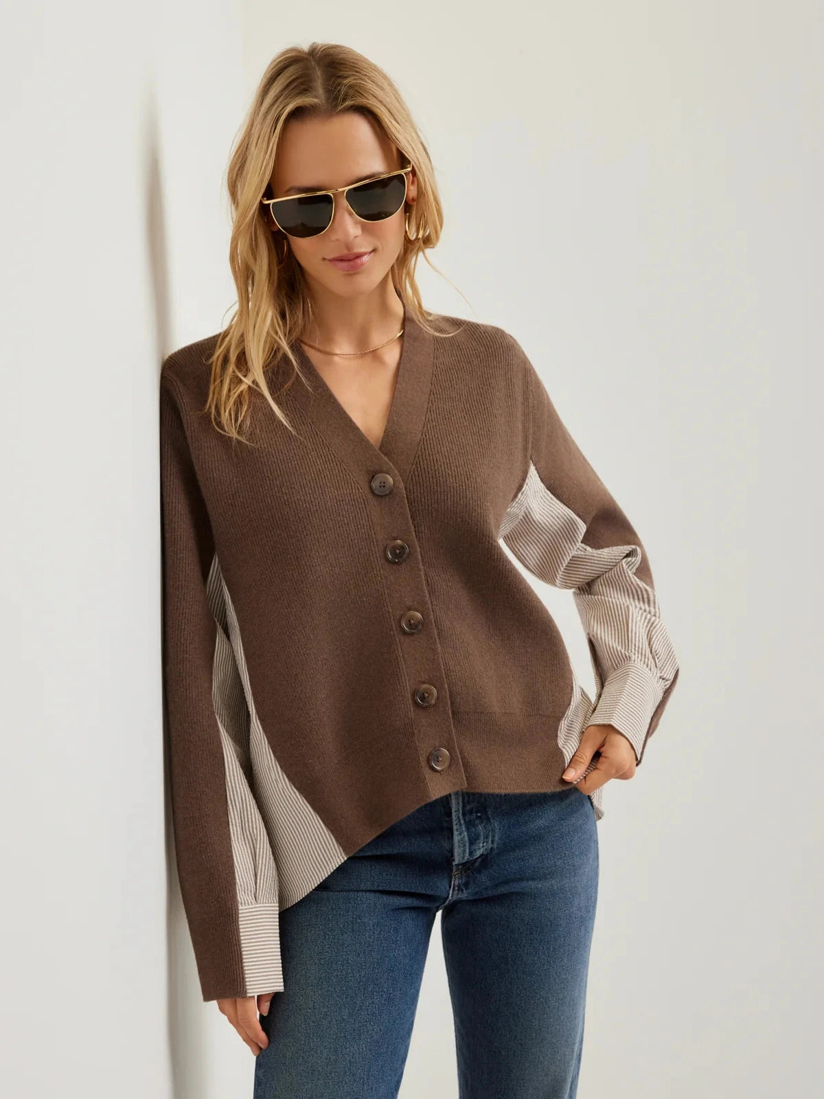 Celine Mixed Media Cardigan Wood Sweater - Cardigans Fifteen Twenty 