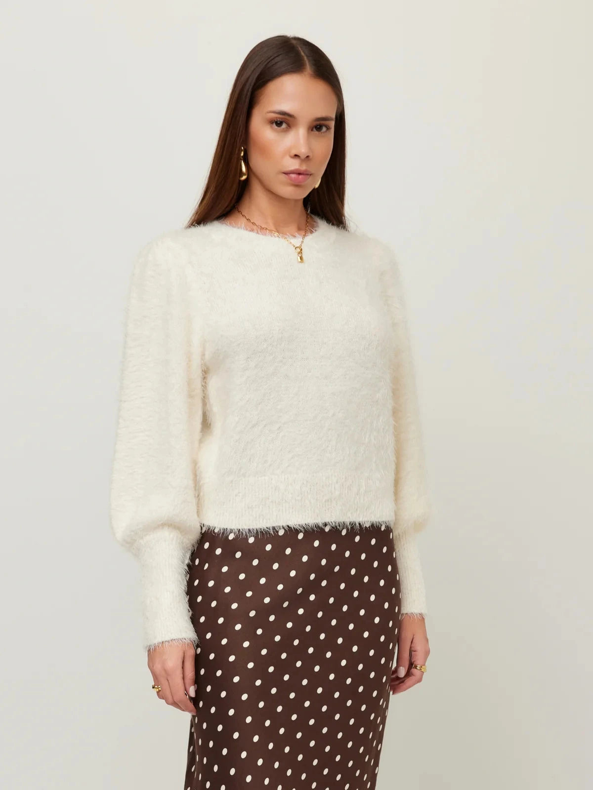 Lia Shirred Sleeve Sweater Cream Sweater - Crewneck Fifteen Twenty 