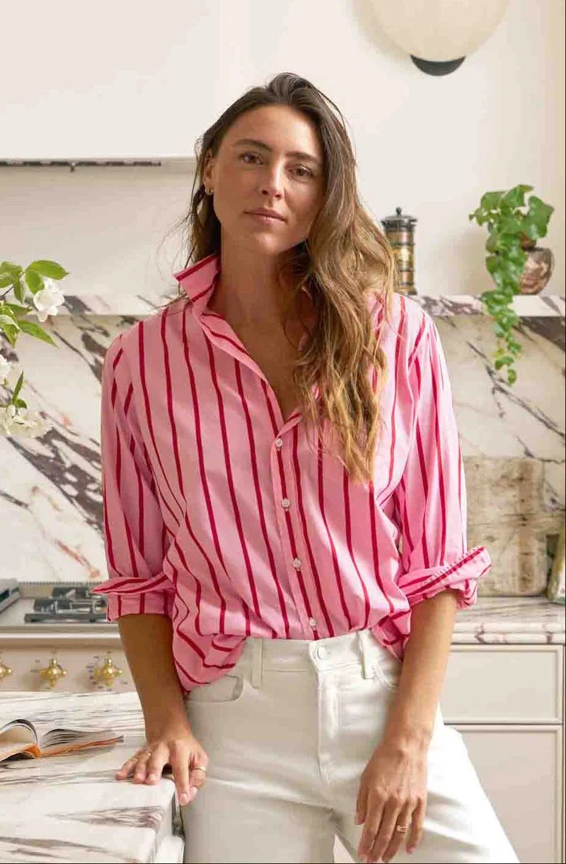 Silvio Untuckable Button Up Shirt Pink Red Stripe Tops - Button Down Frank & Eileen 