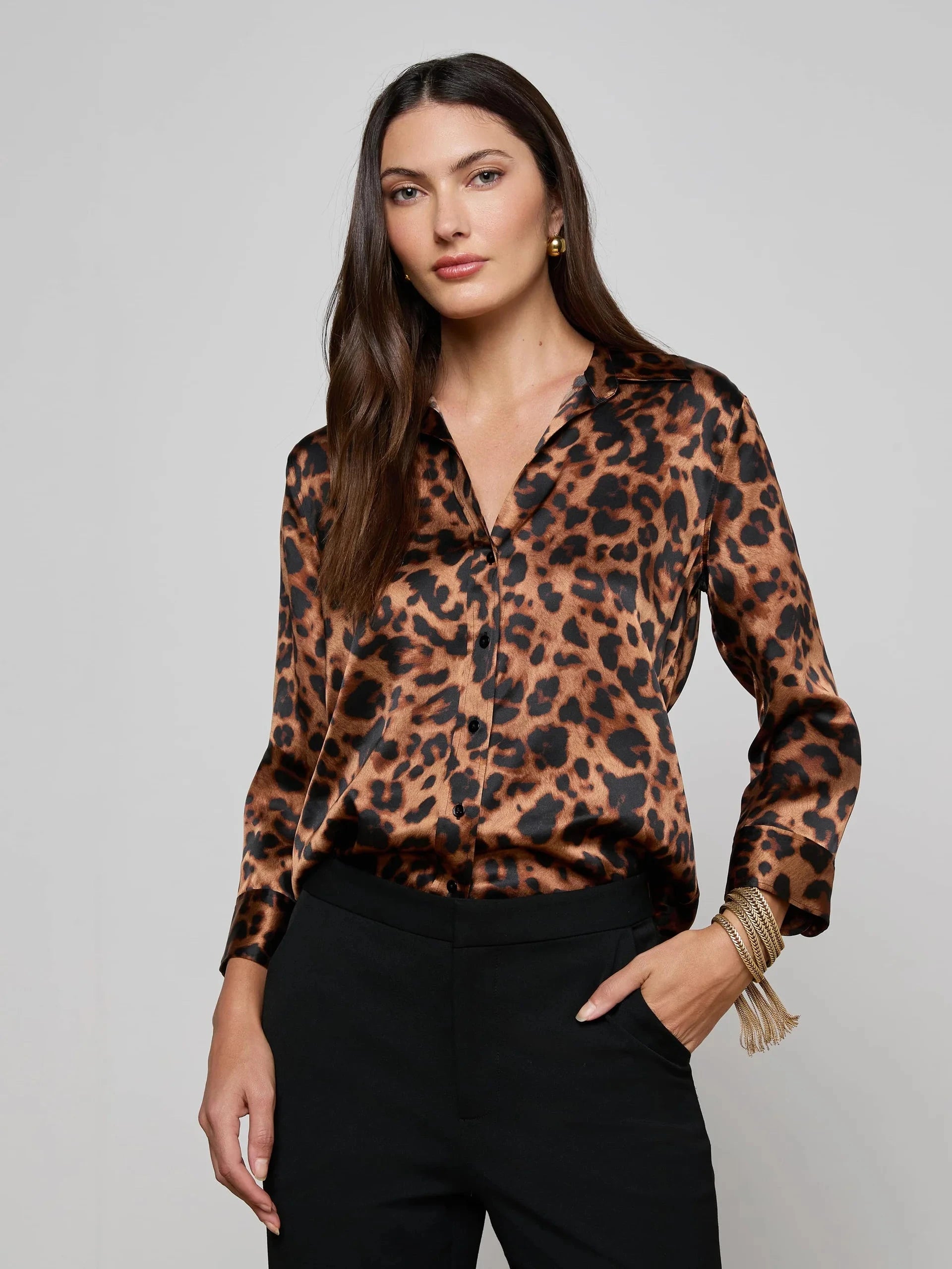 Dani Silk Blouse Brown Multi Amur Leopard Tops - Button Down L'Agence 