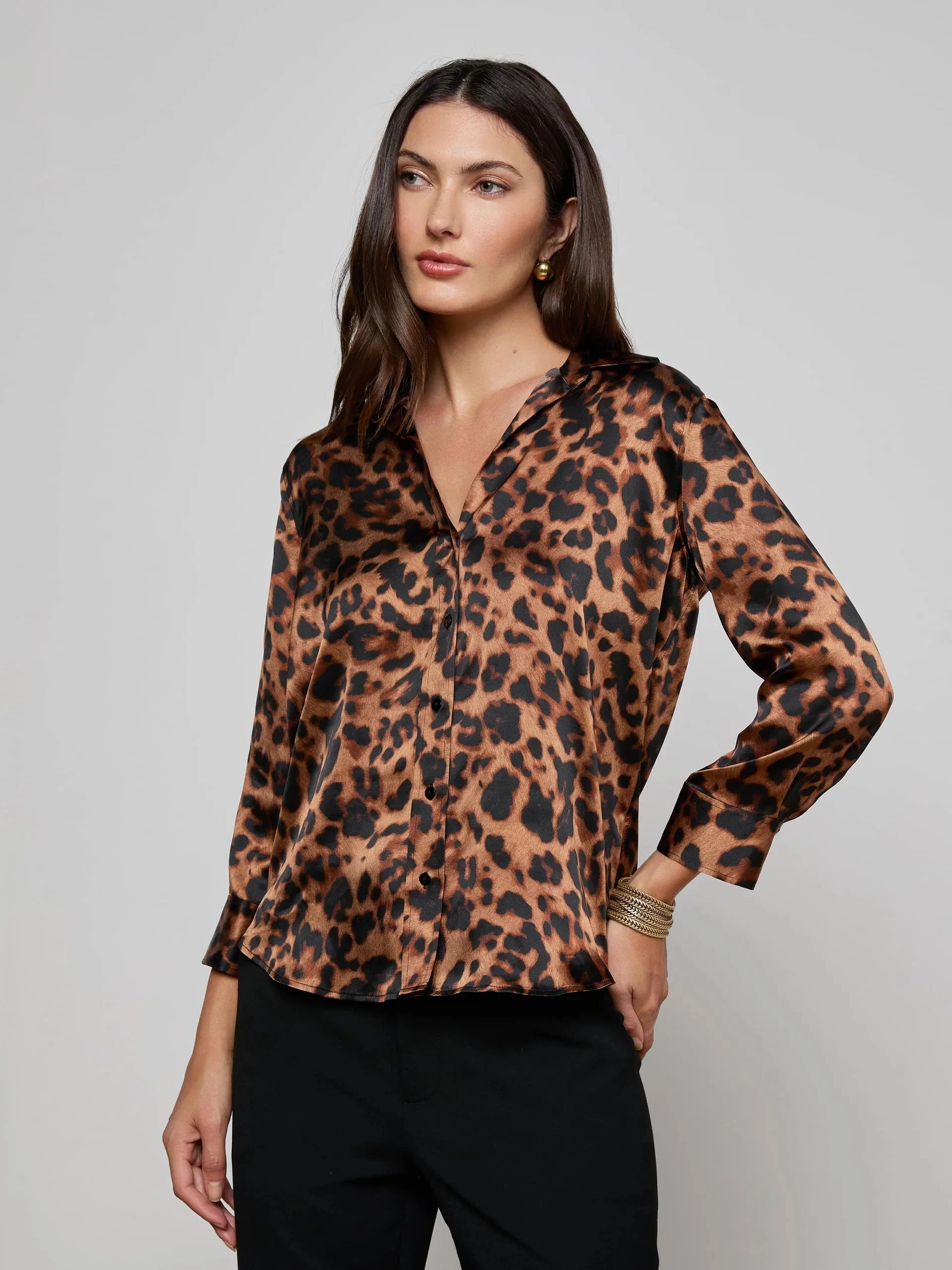Dani Silk Blouse Brown Multi Amur Leopard Tops - Button Down L'Agence 