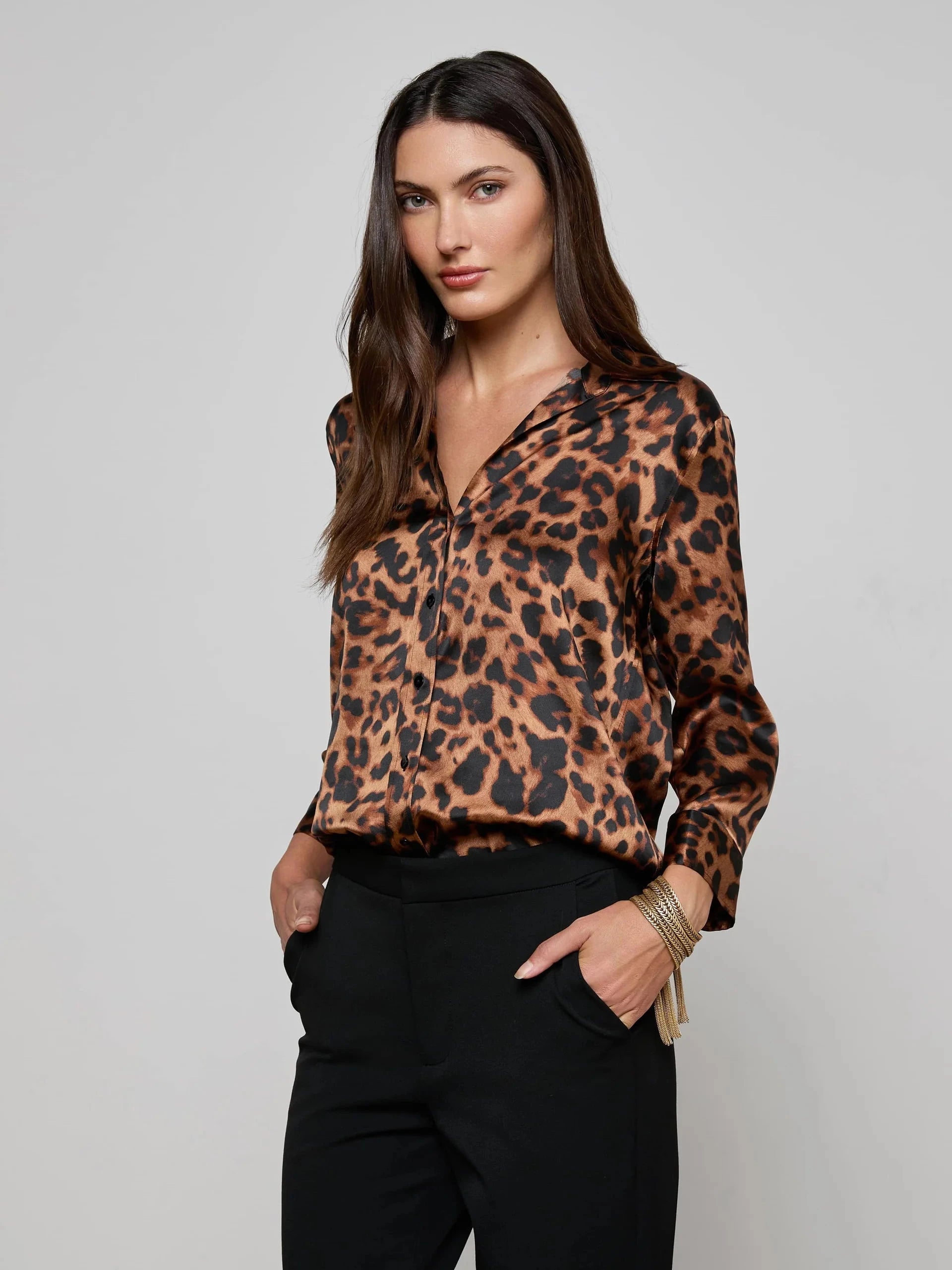 Dani Silk Blouse Brown Multi Amur Leopard Tops - Button Down L'Agence 