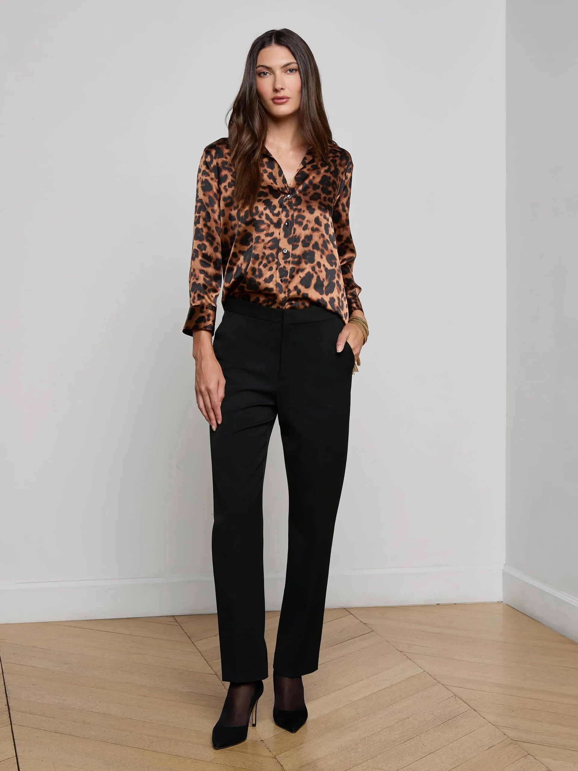 Dani Silk Blouse Brown Multi Amur Leopard Tops - Button Down L'Agence 