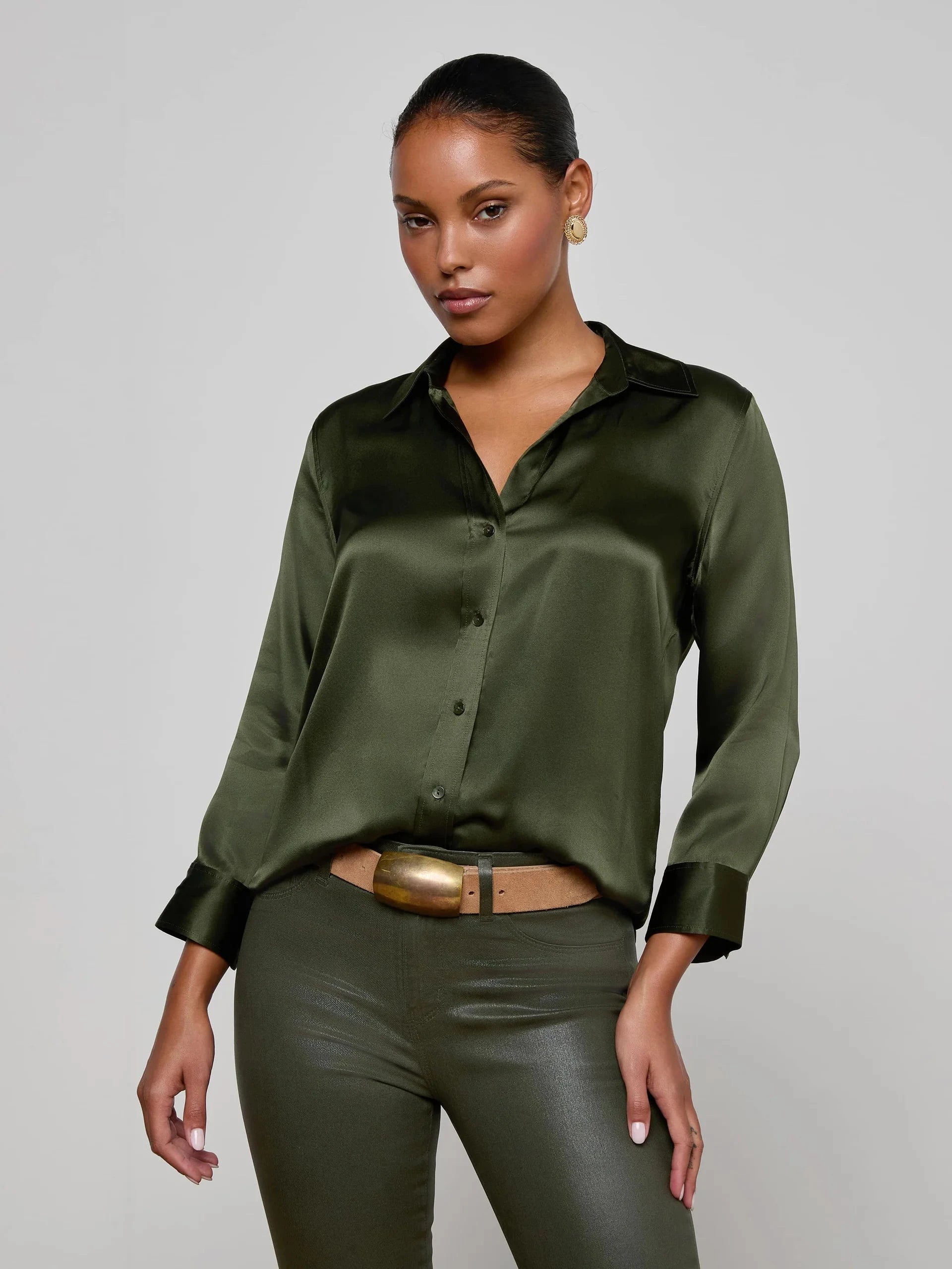 Dani Silk Blouse Deep Olive Tops - Button Down L'Agence 