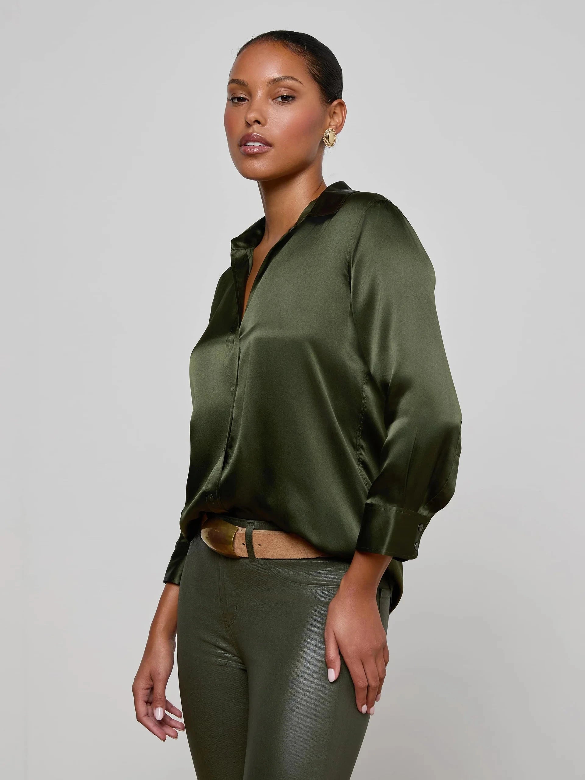 Dani Silk Blouse Deep Olive Tops - Button Down L'Agence 
