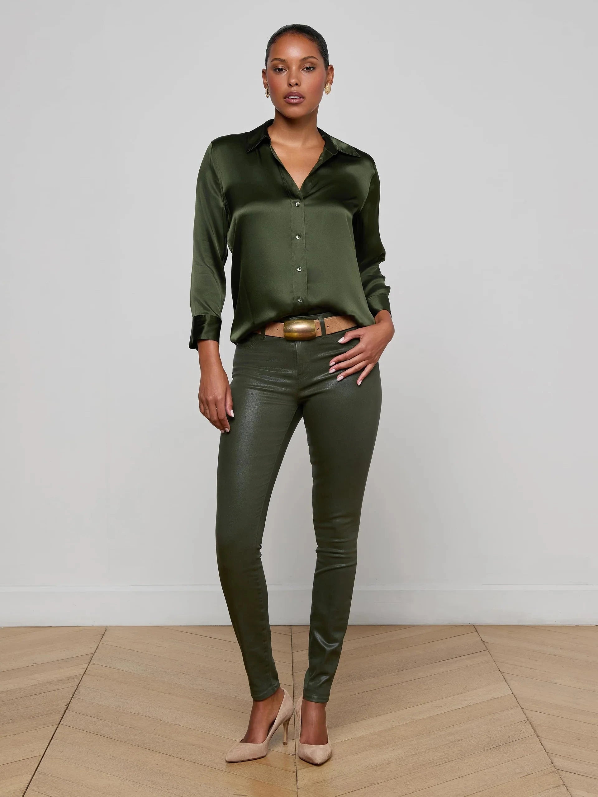 Dani Silk Blouse Deep Olive Tops - Button Down L'Agence 