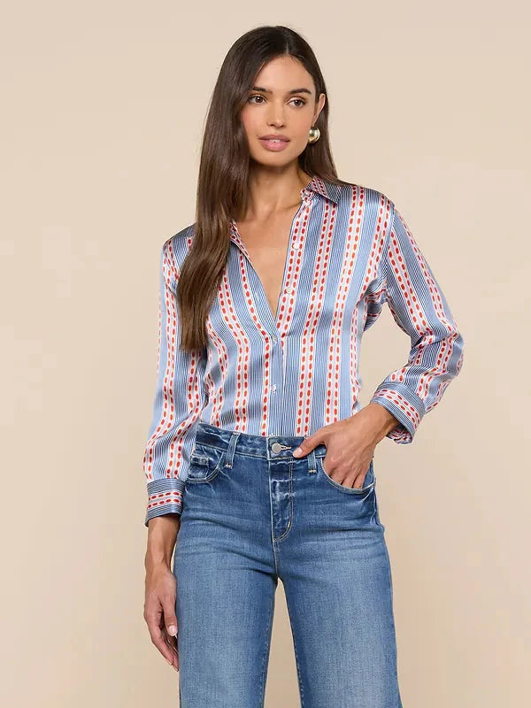 Dani 3/4 Sleeve Silk Blouse Blue/Red Stripe Tops - Button Down L'Agence 