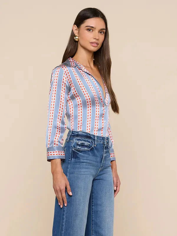 Dani 3/4 Sleeve Silk Blouse Blue/Red Stripe Tops - Button Down L'Agence 