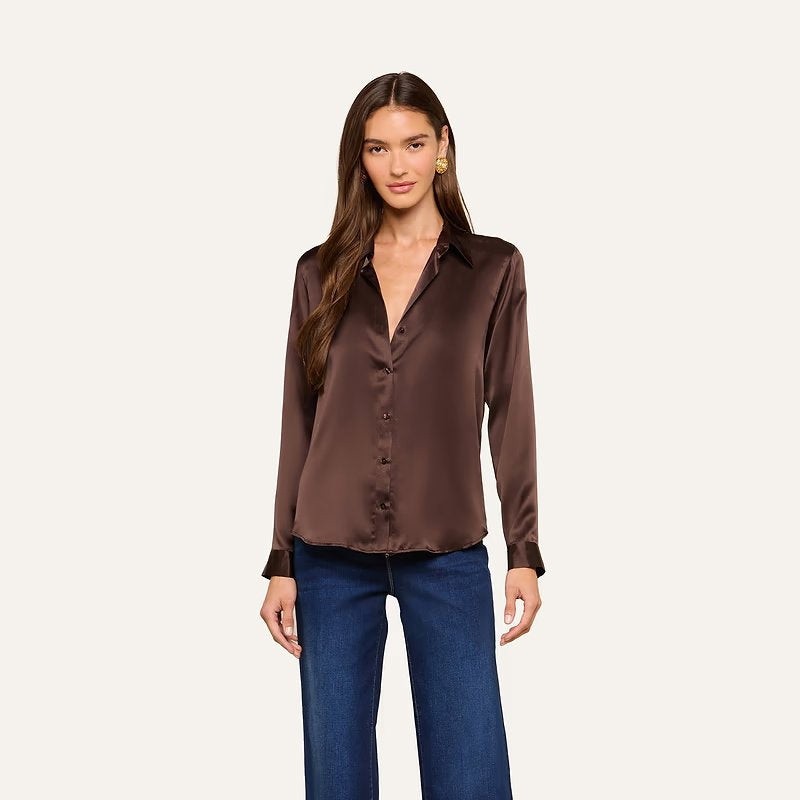 Tyler Long Sleeve Silk Blouse Dark Java Tops - Blouses L'Agence 