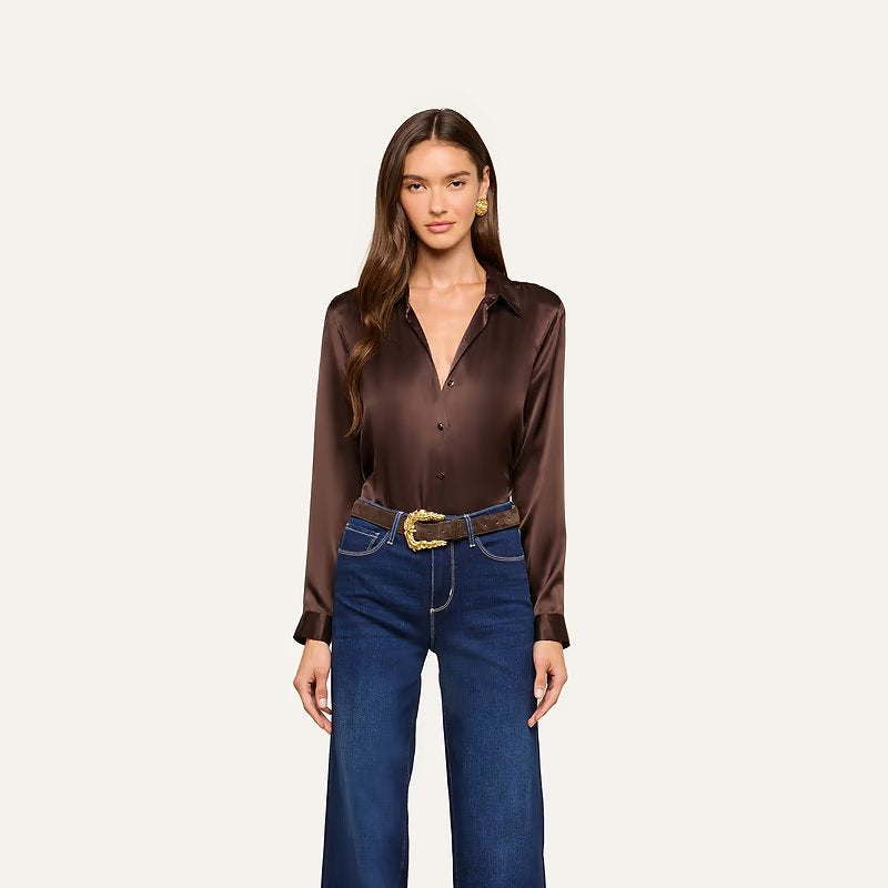 Tyler Long Sleeve Silk Blouse Dark Java Tops - Blouses L'Agence 