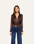 Tyler Long Sleeve Silk Blouse Dark Java Tops - Blouses L'Agence 