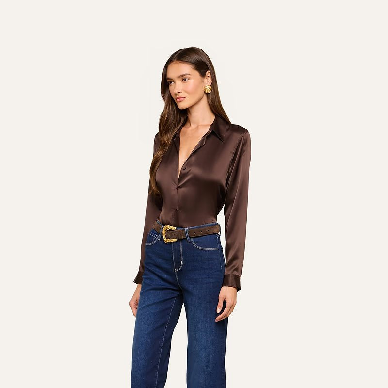 Tyler Long Sleeve Silk Blouse Dark Java Tops - Blouses L'Agence 
