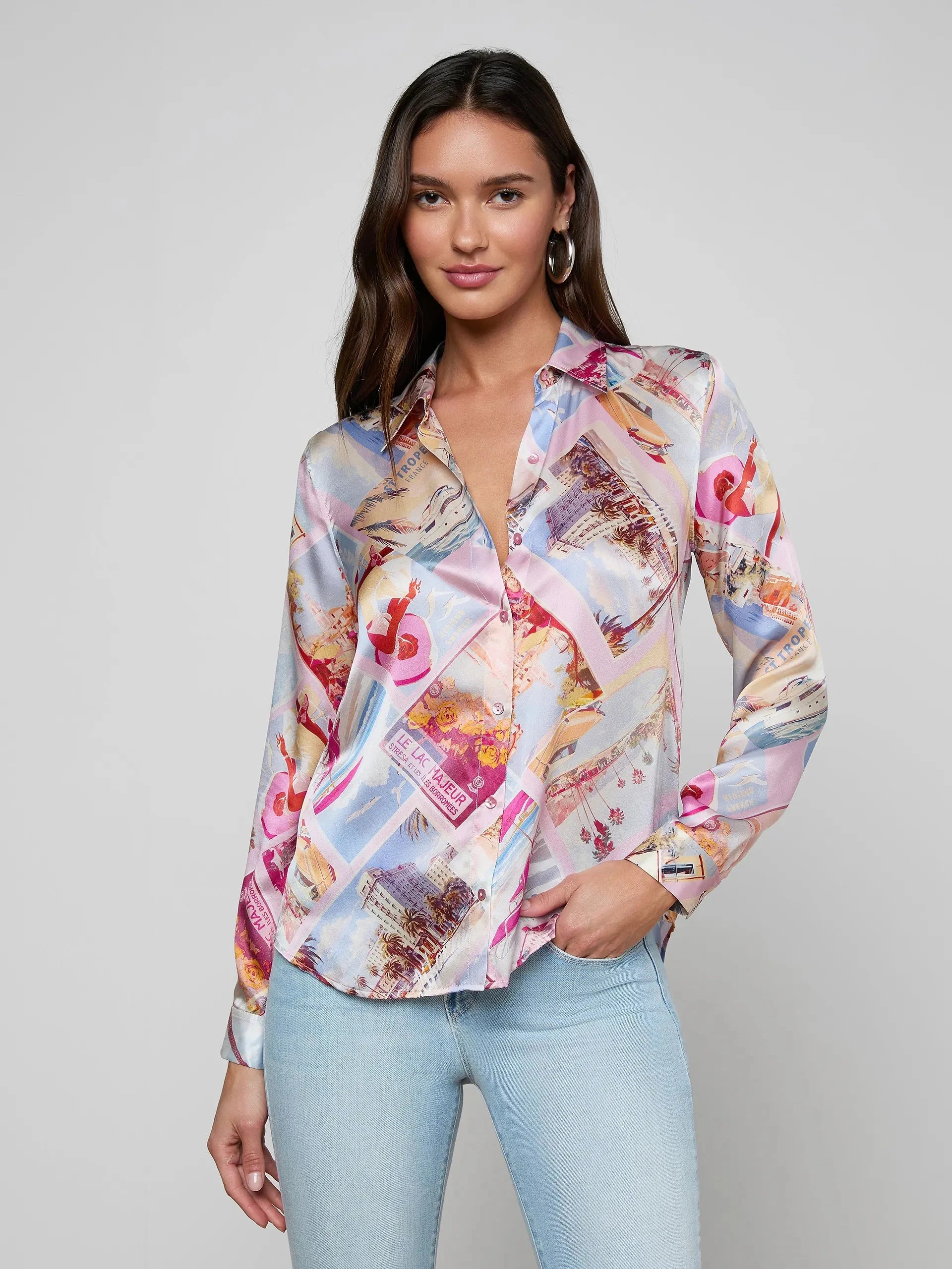 Tyler Silk Blouse Postcard Print Light Pink Tops - Button Down L'Agence 