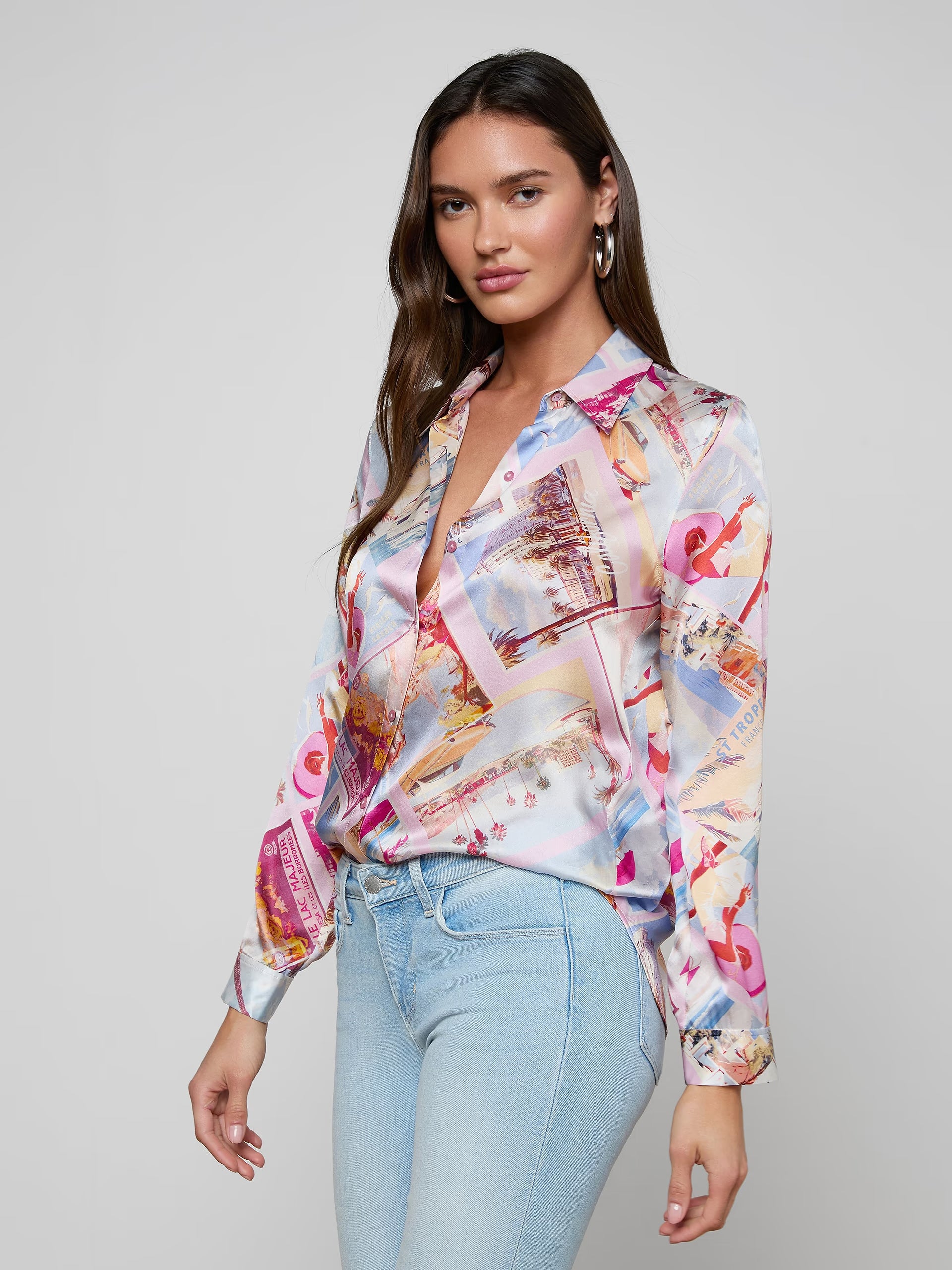 Tyler Silk Blouse Postcard Print Light Pink Tops - Button Down L'Agence 