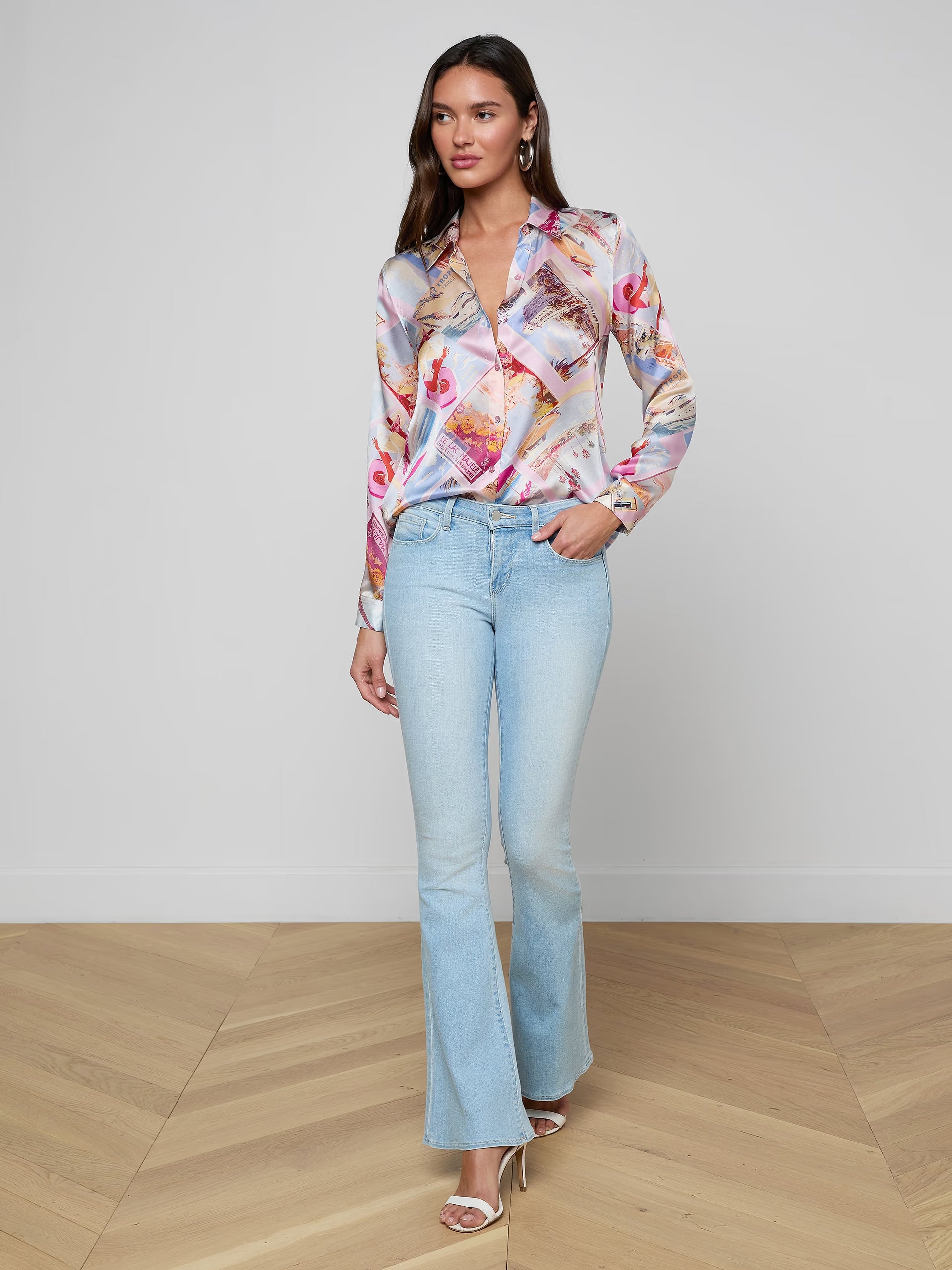 Tyler Silk Blouse Postcard Print Light Pink Tops - Button Down L'Agence 