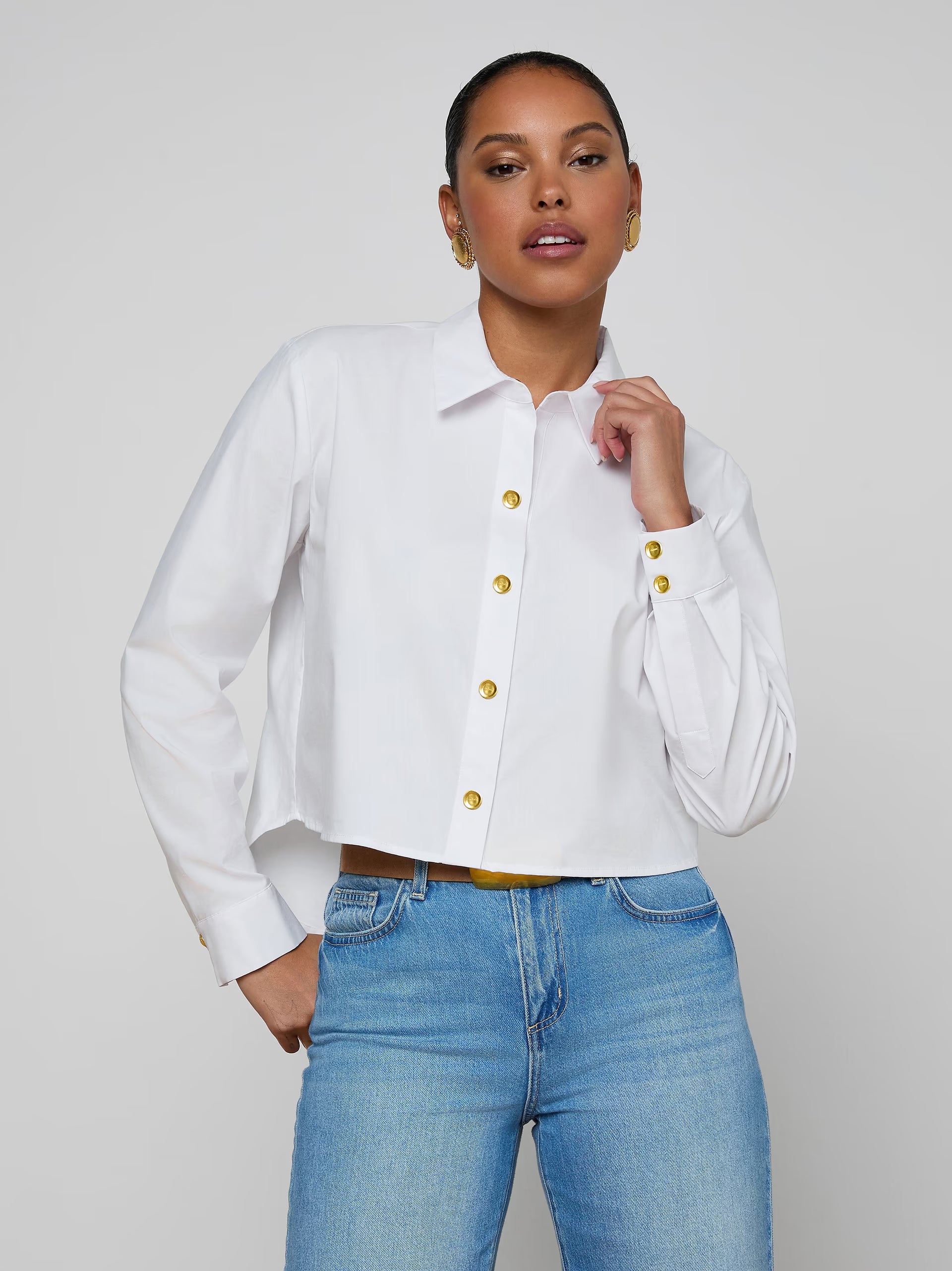Cosette Crop Hi Low Shirt White Gold Wax Stamp Tops - Button Down L'Agence 