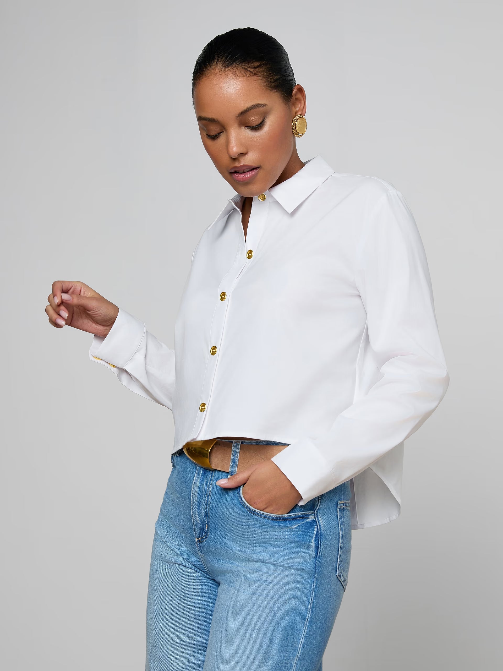 Cosette Crop Hi Low Shirt White Gold Wax Stamp Tops - Button Down L'Agence 