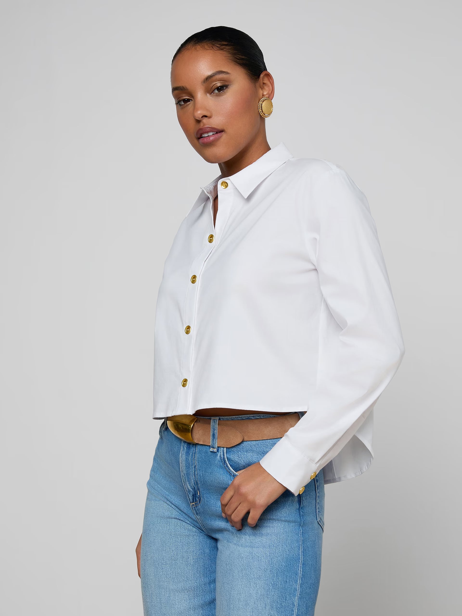 Cosette Crop Hi Low Shirt White Gold Wax Stamp Tops - Button Down L'Agence 