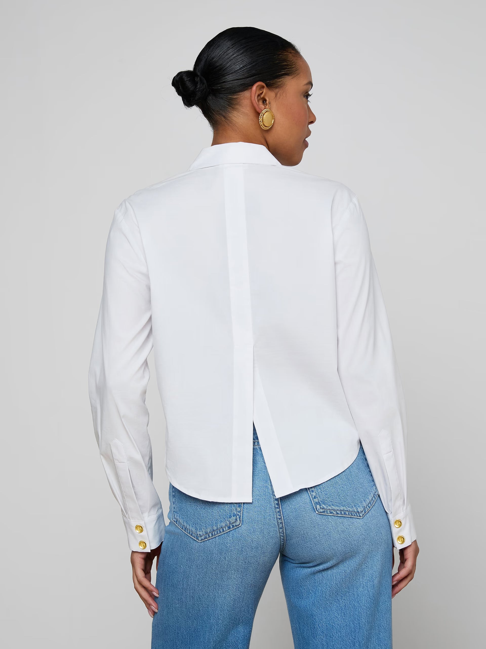 Cosette Crop Hi Low Shirt White Gold Wax Stamp Tops - Button Down L'Agence 