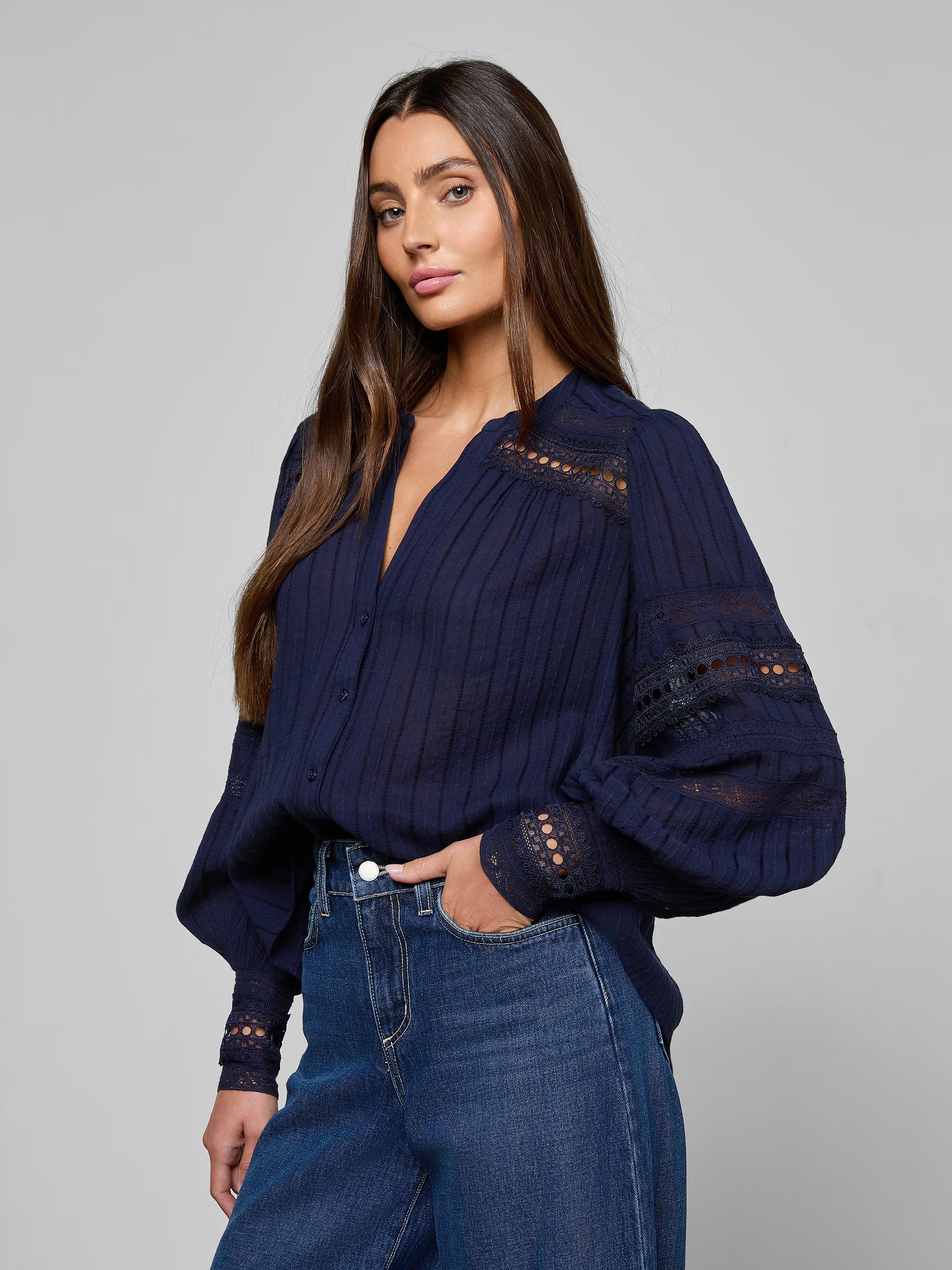 Kiera Trim Blouse Midnight Tops - Button Down L'Agence 
