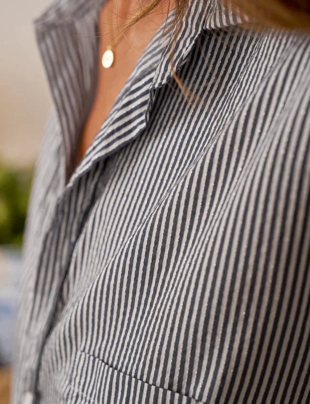 Eileen Relaxed Button-Up Shirt Navy/White/Silver Stripe Tops - Button Down Frank & Eileen 