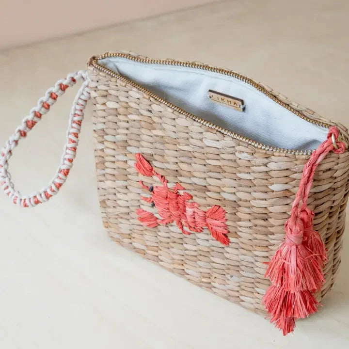 Mini Woven Pouch with Wristlet and Embroidered Lobster