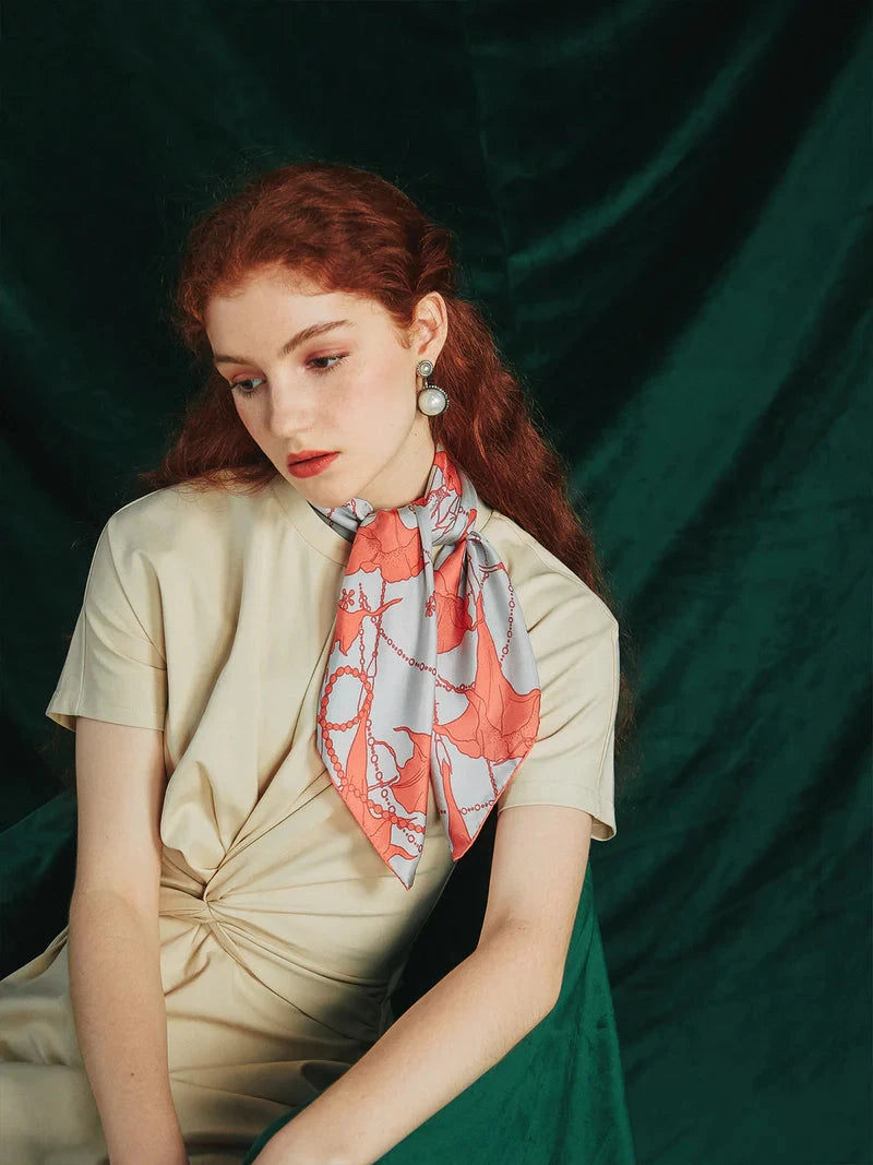 Datura Silk Bandana Scarf Silver & Orange Scarves Lost Pattern NYC 